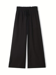  Solid Ruffle Trim High Rise Wide Leg Trousers