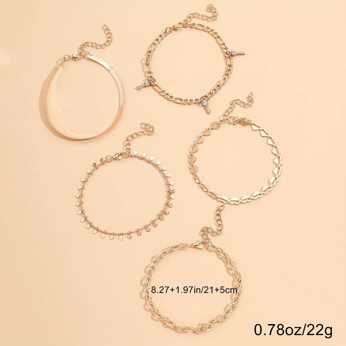 5 Pcs Stackable Chain Anklet Set with Key Tassel Pendant