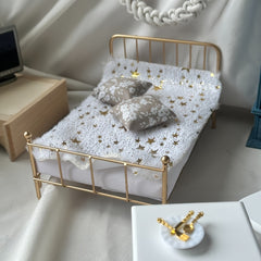 1:12 Mini Dollhouse Bedroom Set with Metal Double Bed