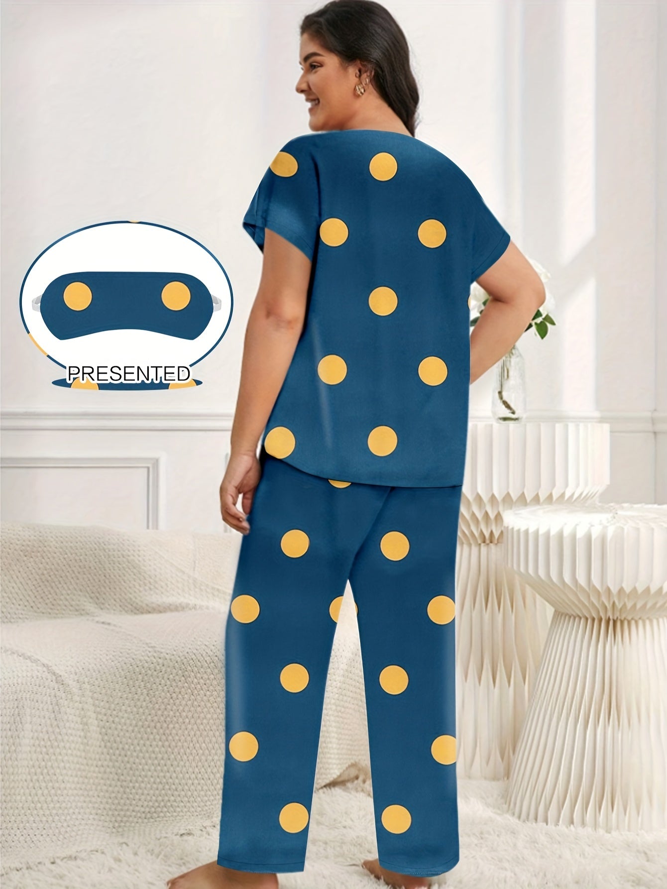  Polka Dot Satin Pajama Set with Eye Mask
