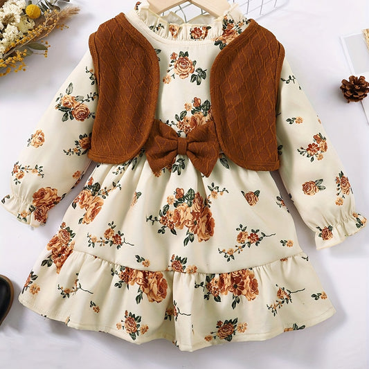 2pcs Toddler Girls Knit Vest Floral Dress Set