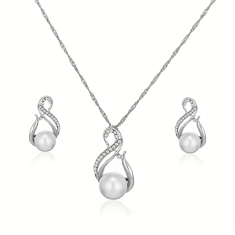 Zirconia Bridal Jewelry Set Necklace & Earrings Faux Pearls Anniversary Gift