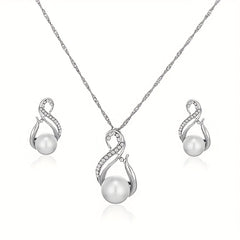 Zirconia Bridal Jewelry Set Necklace & Earrings Faux Pearls Anniversary Gift