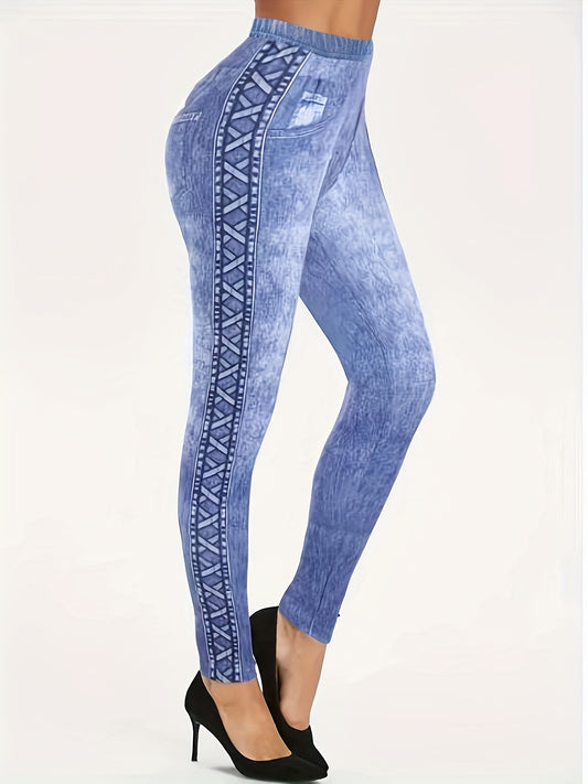  Denim Print High Rise Skinny Leggings