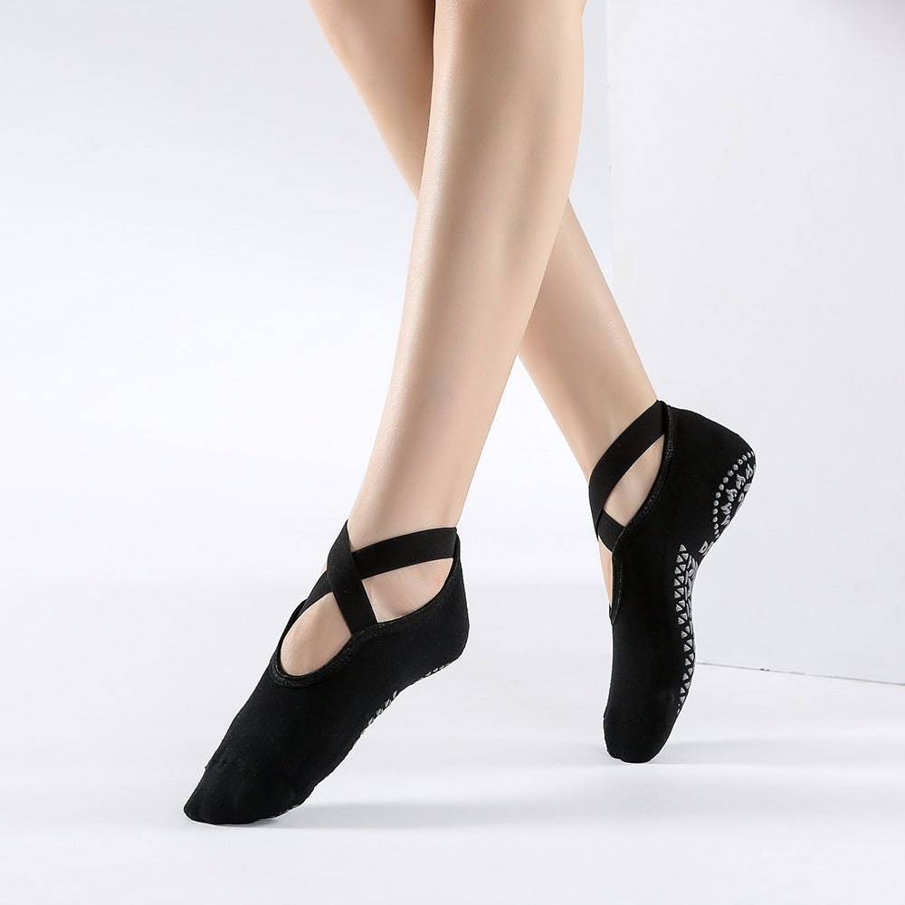 Non Slip Towel Bottom Socks Cross Lace for Yoga Pilates
