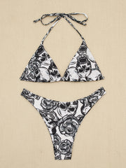 Skull & Floral Bikini Set V Neck High Cut Swimsuit