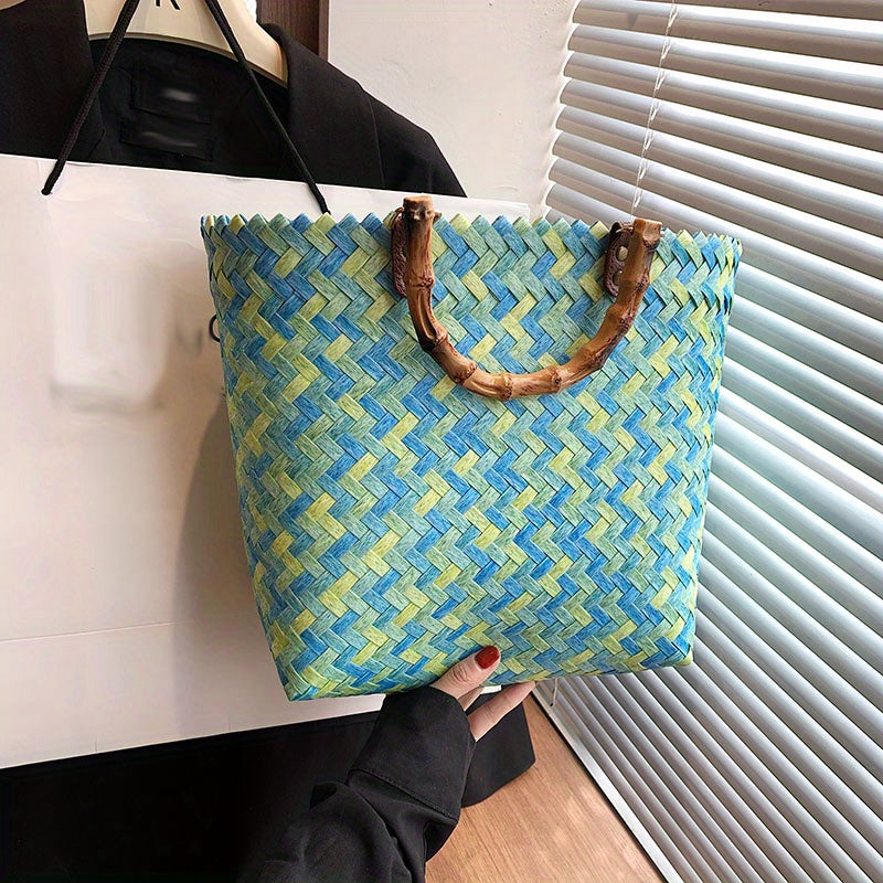 Straw Woven Beach Bag with Bamboo Handle Boho Style Handbag