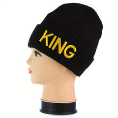 KING QUEEN Embroidery Beanie Solid Couple Knit Hat Elastic Skull Cap