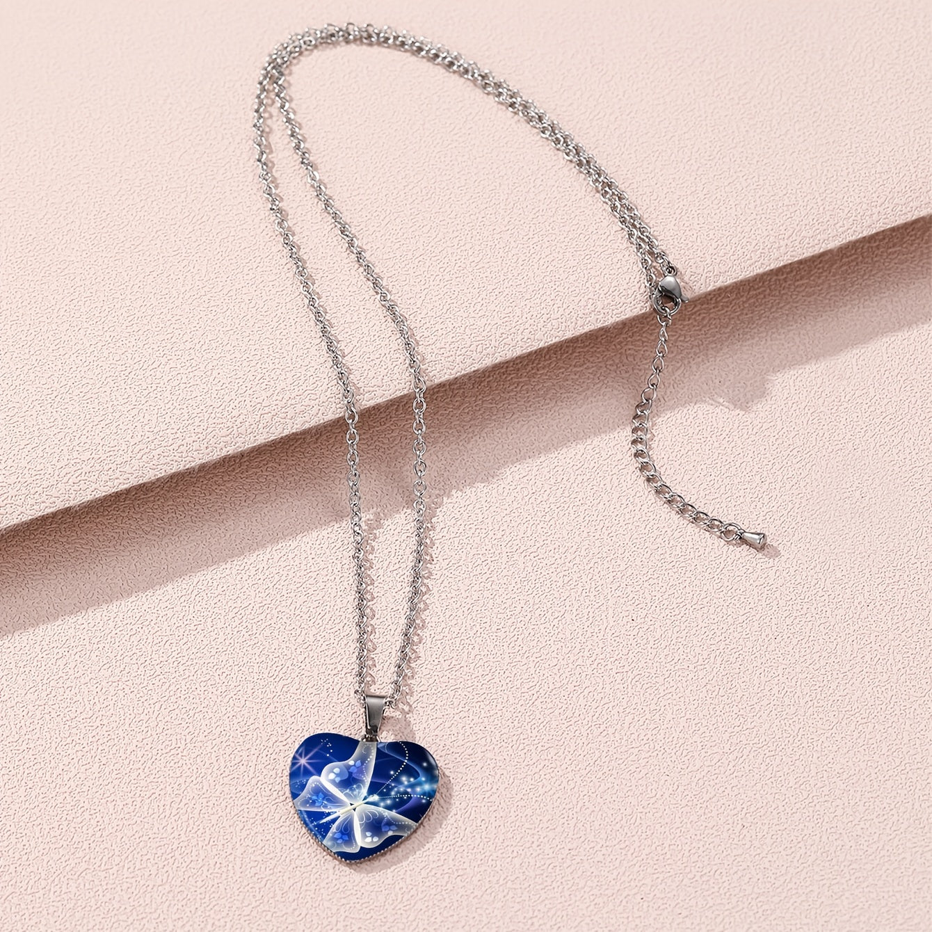 Butterfly Pattern Drop Necklace With Heart Shape Glass Pendant Neck Chain