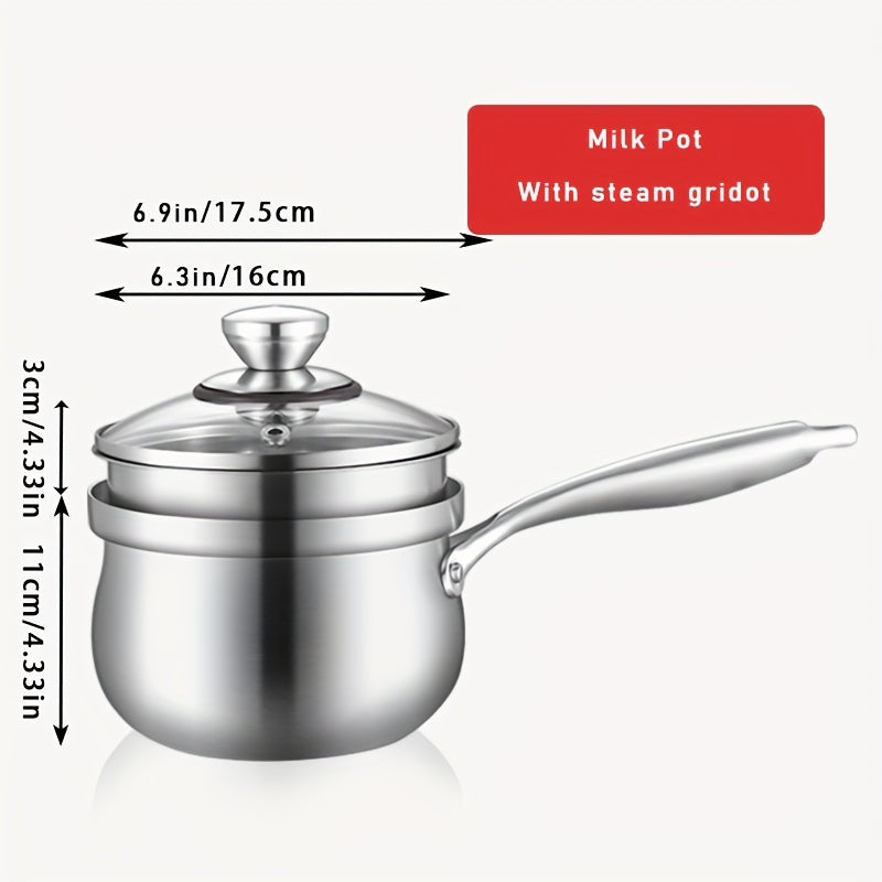 Stainless Steel Sauce Pot With Steaming Grid & Glass Lid