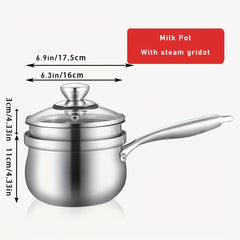 Stainless Steel Sauce Pot With Steaming Grid & Glass Lid