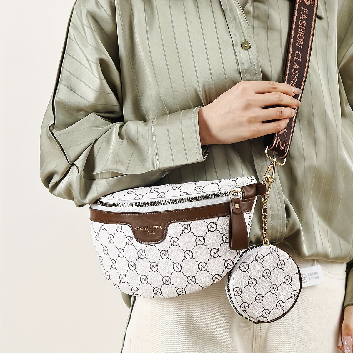 Classic Retro Pattern Crescent Shoulder Bag With Mini Round Purse