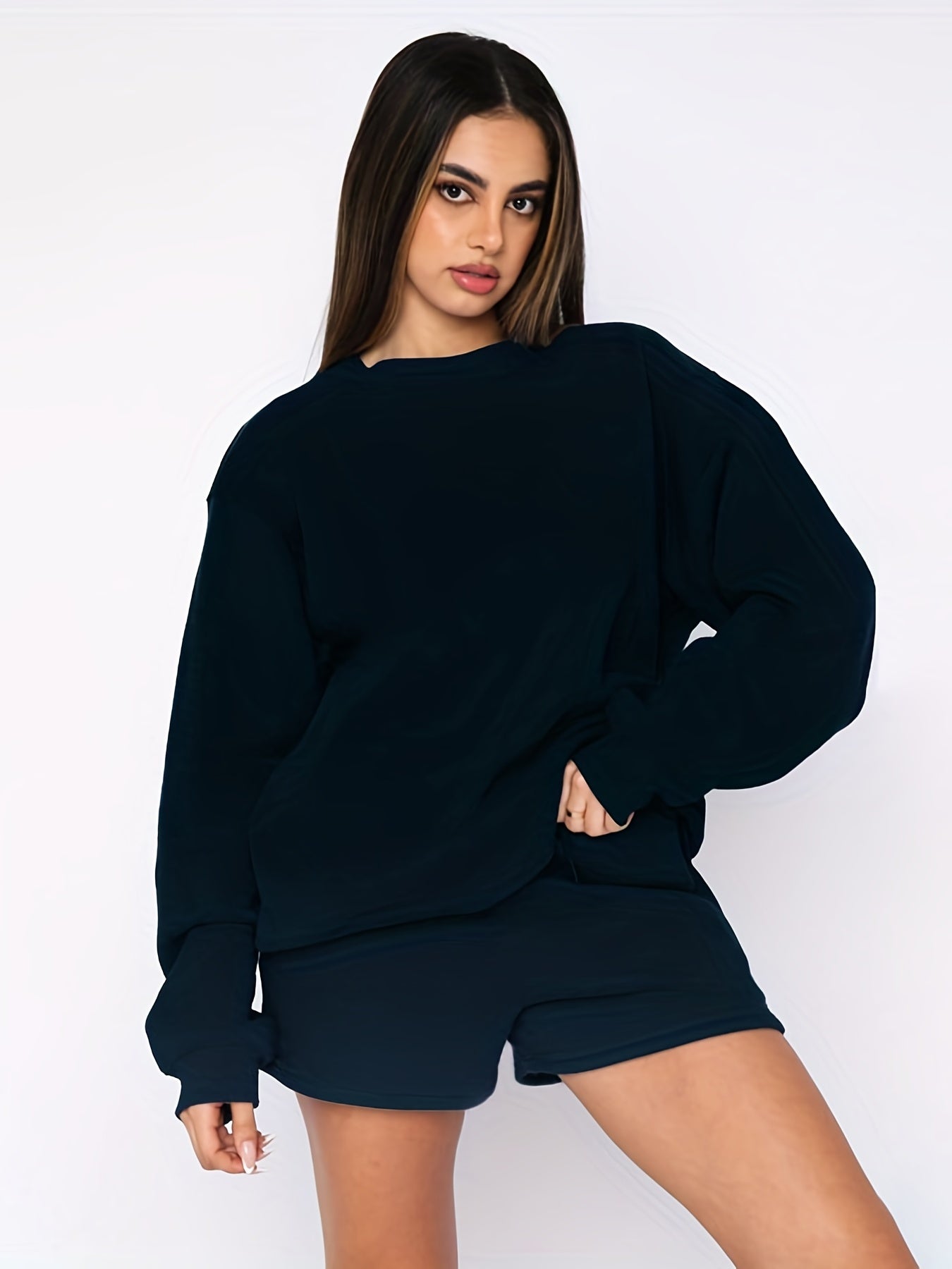 Solid Sweatshirt & Drawstring Shorts Set Women's Outfit