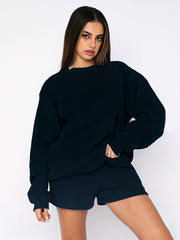 Solid Sweatshirt & Drawstring Shorts Set Women's Outfit