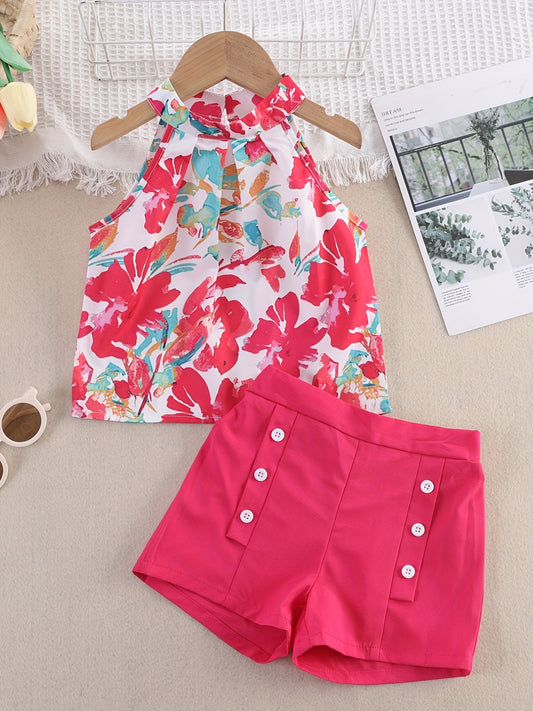 Toddler Girls Sleeveless Flowers Top & Shorts Set Kids Summer Clothes