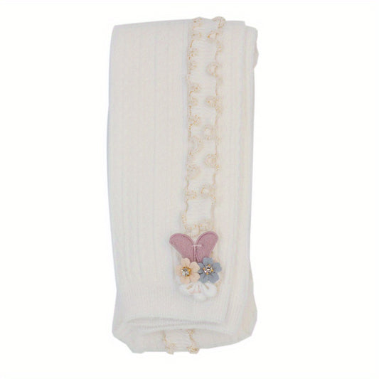 Girls Side Frill Trim Knit Leggings Flower Bunny Footless Tights Pants