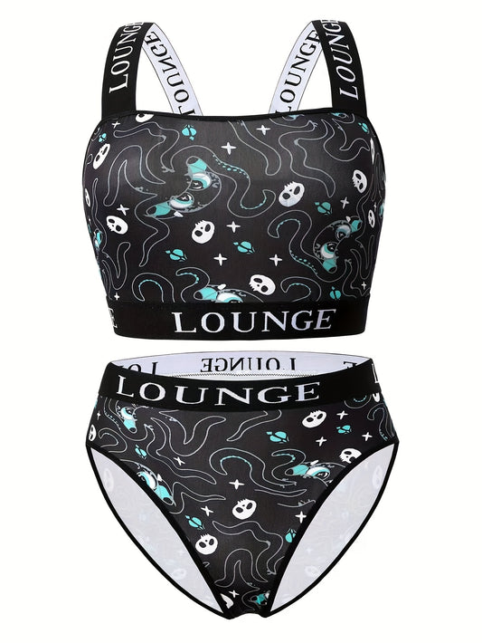  Gothic Halloween Underwear Set Octopus Skull Print Bra