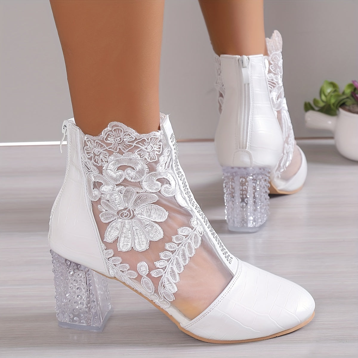 Floral Print Lace Ankle Boots High Heel Shoes