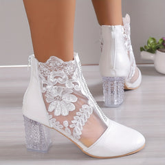 Floral Print Lace Ankle Boots High Heel Shoes