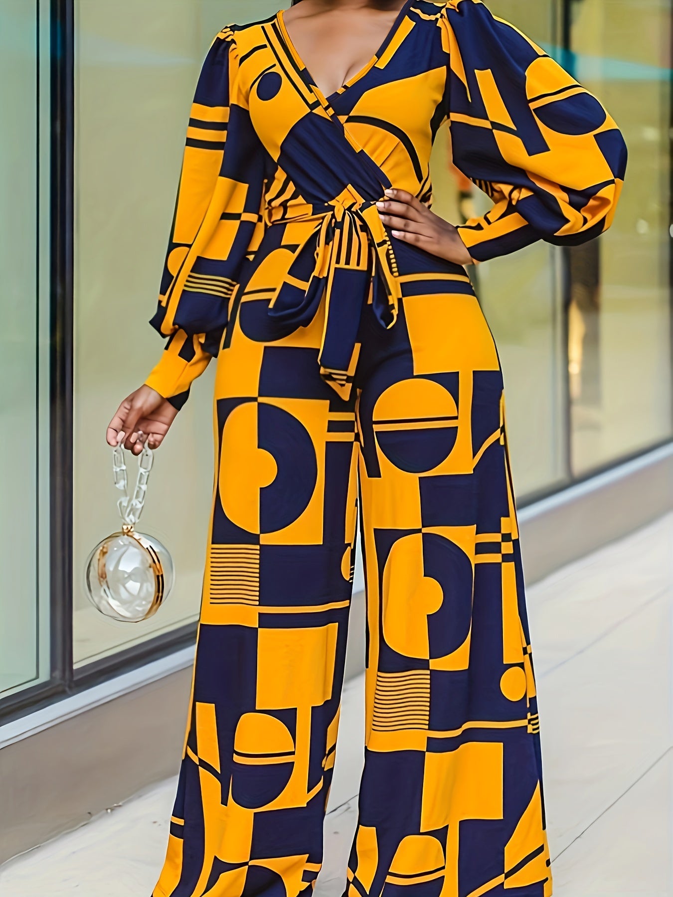 Plus Geometric Print Lantern Sleeve Surplice Neck Wide Leg Jumpsuit