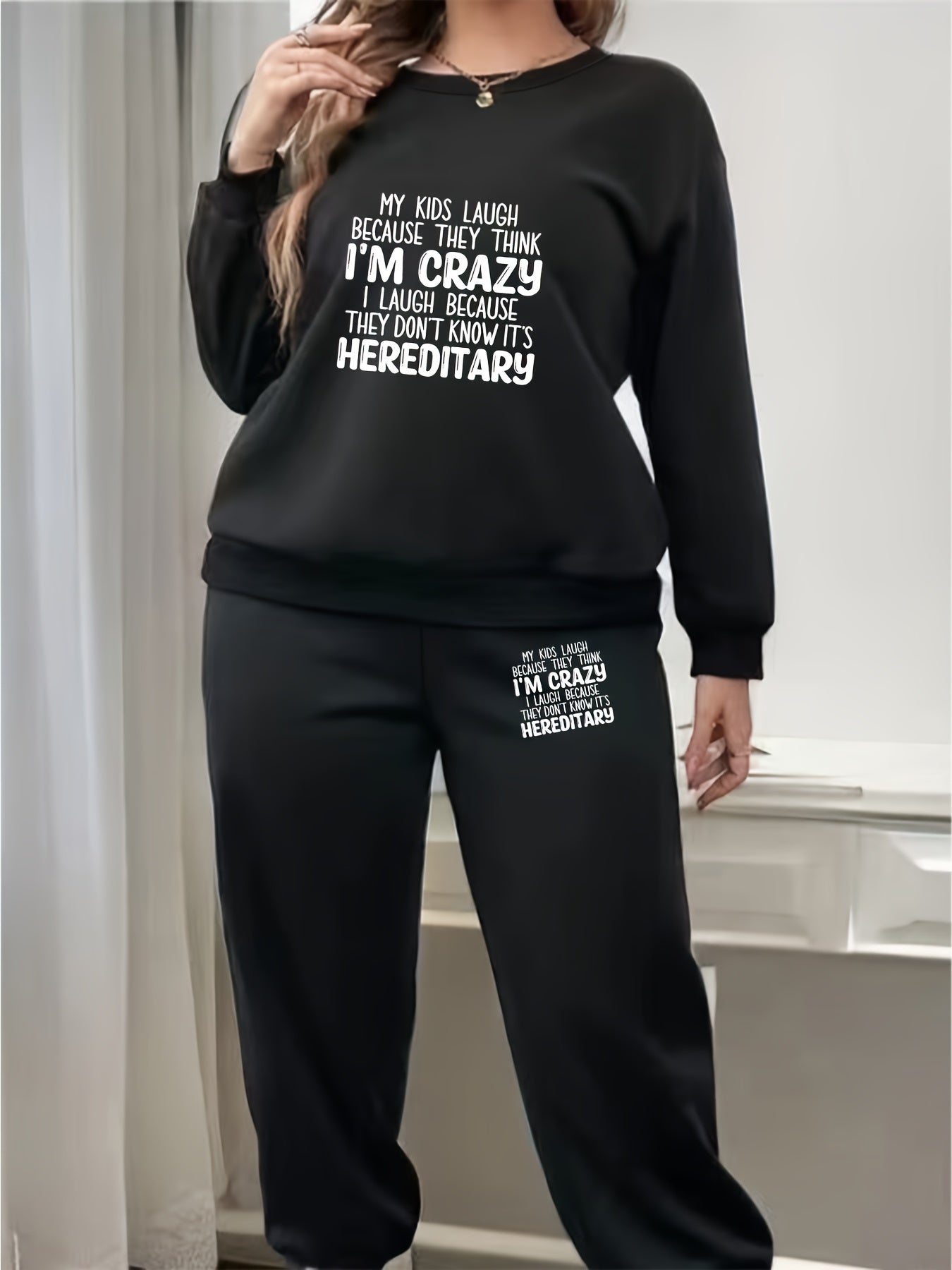 Women's Plus Slogan Print Liner Fleece Sweatshirt & Jogger Set