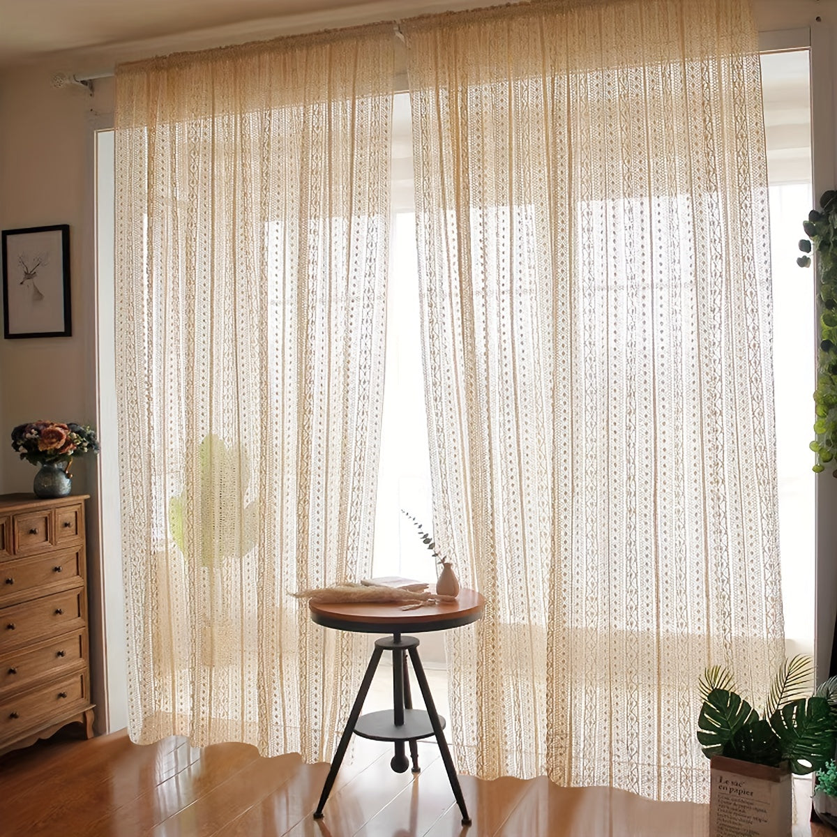 Japanese Style Hollow Striped Sheer Curtain Crochet Style Argyle Pattern