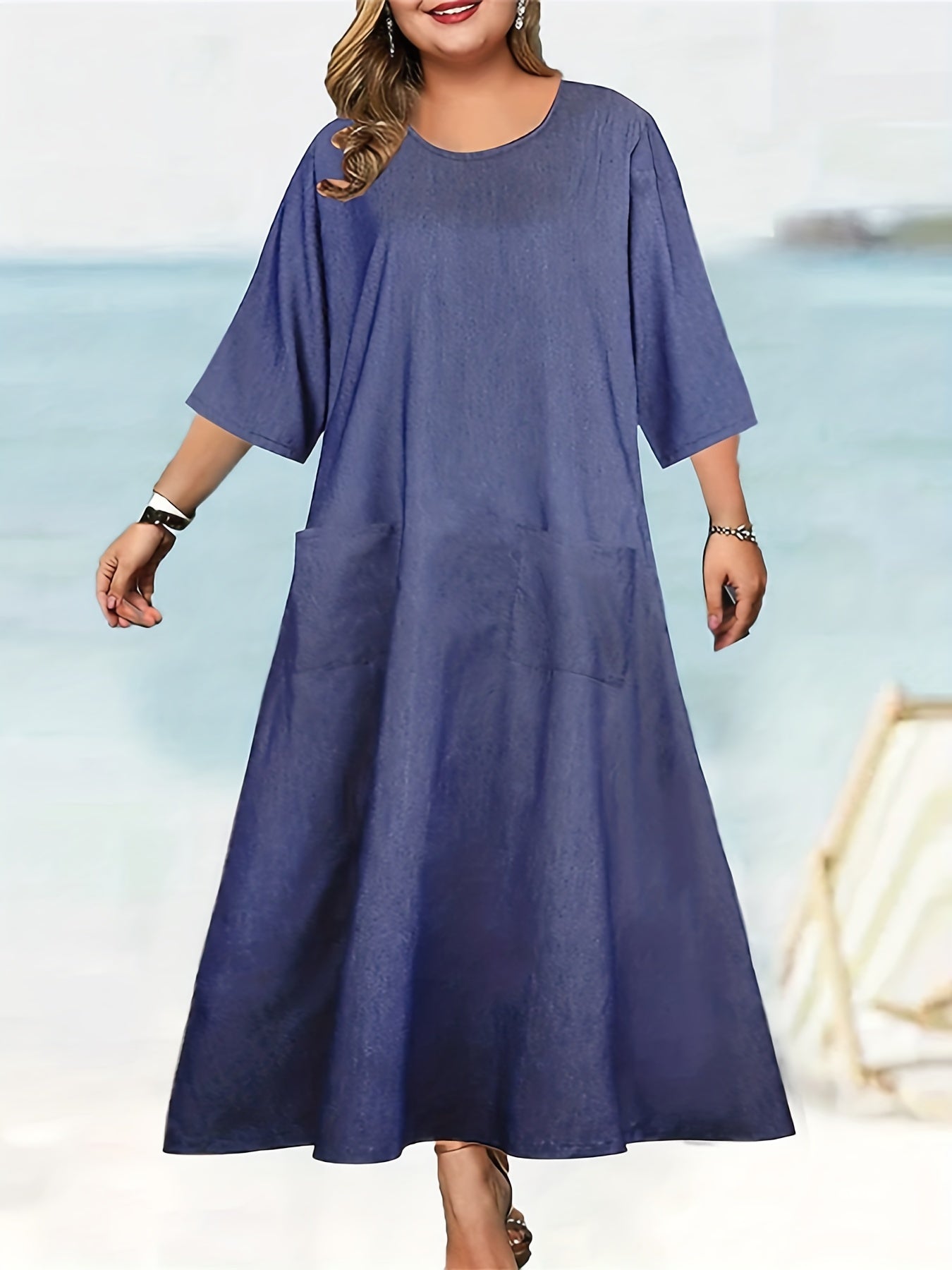  Casual Dress Women's Plus Solid Long Sleeve Round Neck Summer Dress