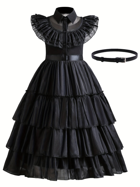 Girls Ruffled Sleeves Dress Princess Dresses & Belt