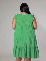  Solid Ruffle Sleeve Round Neck Smock Dress