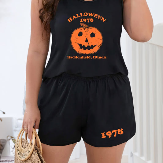  Pumpkin & Letter Print Tank Top & Shorts Lounge Set