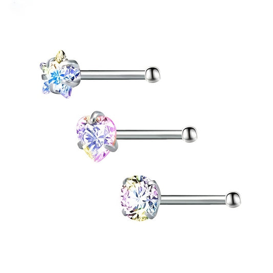 3 Pcs Heart Star Round Zircon Nose Rings Set Stainless Steel Cartilage Stud