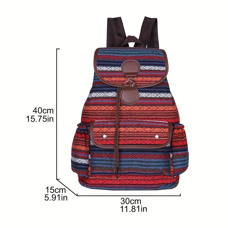 Ethnic Style Flap Backpack Drawstring Canvas Travel Bag