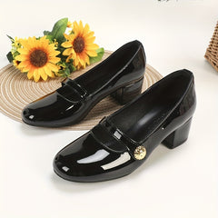 Women's Chunky Heel Mary Jane Retro Slip On Patent Leather Mid Heels