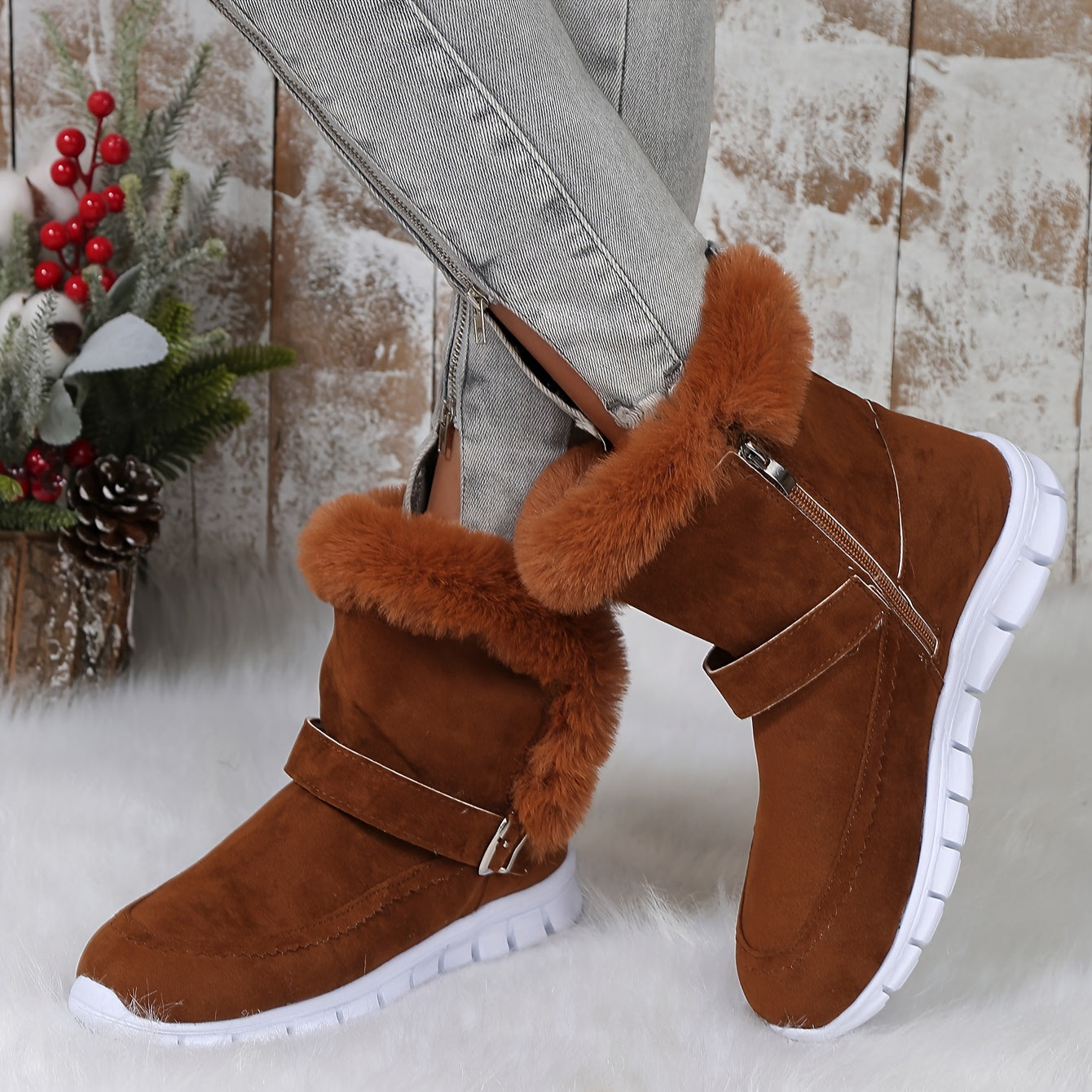Plush Lined Thermal Furry Snow Boots Non Slip Side Zipper Snow Shoes