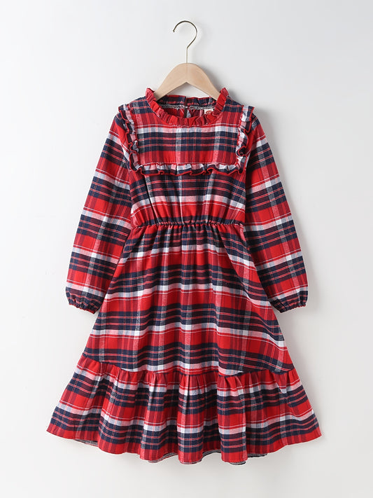 Girls Red Plaid Pleated Dress for Christmas