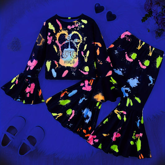 Girl's Trumpet Sleeve Top & Flared Pants Set Colorful Paint Print Outfits
