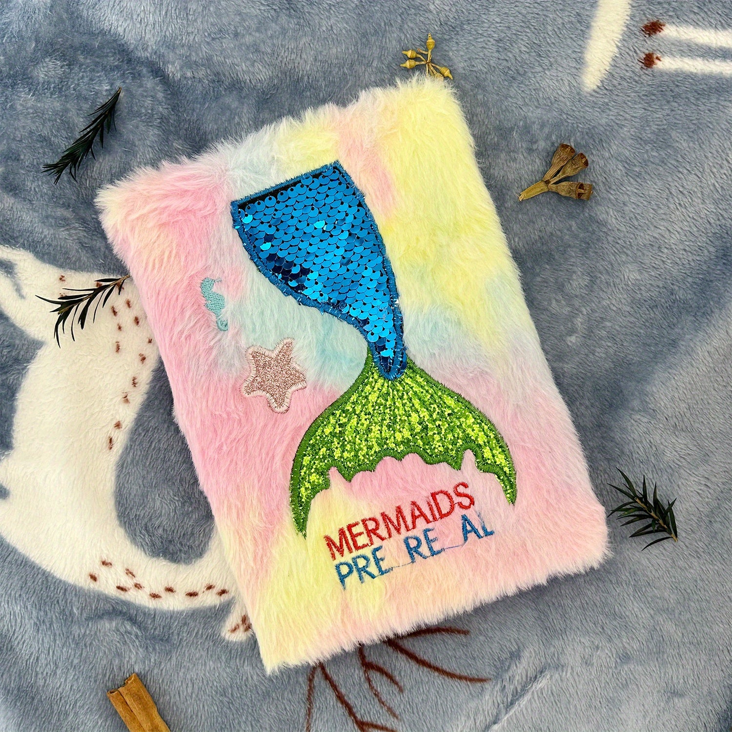 Mermaid Tail Plush Notebook A5 Wide Grid 80 Sheets Soft Furry Cover