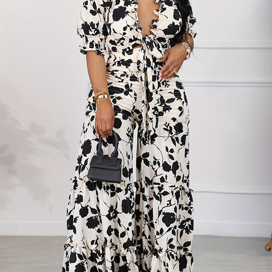Floral Print Puff Sleeve V Neck Knot Top & Wide Leg Pants Set