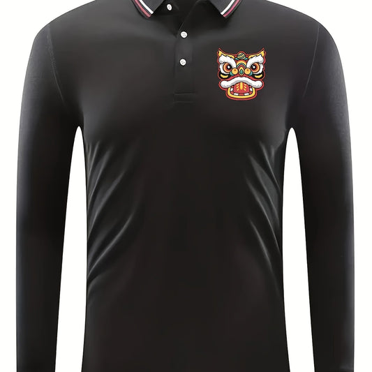Lion Head Pattern Men's Long Sleeve Polo Shirt