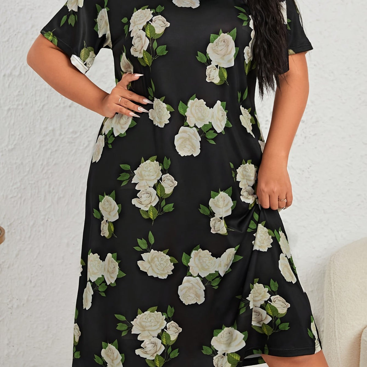  Nightdress Women's Plus Floral Print Short Sleeve Tee Sleep Dress