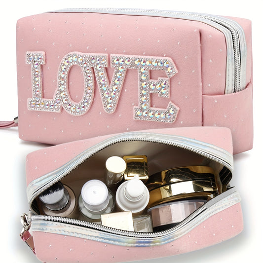 Queen Love Letter Cosmetic Toiletry Bag with Rhinestone Varsity Patches