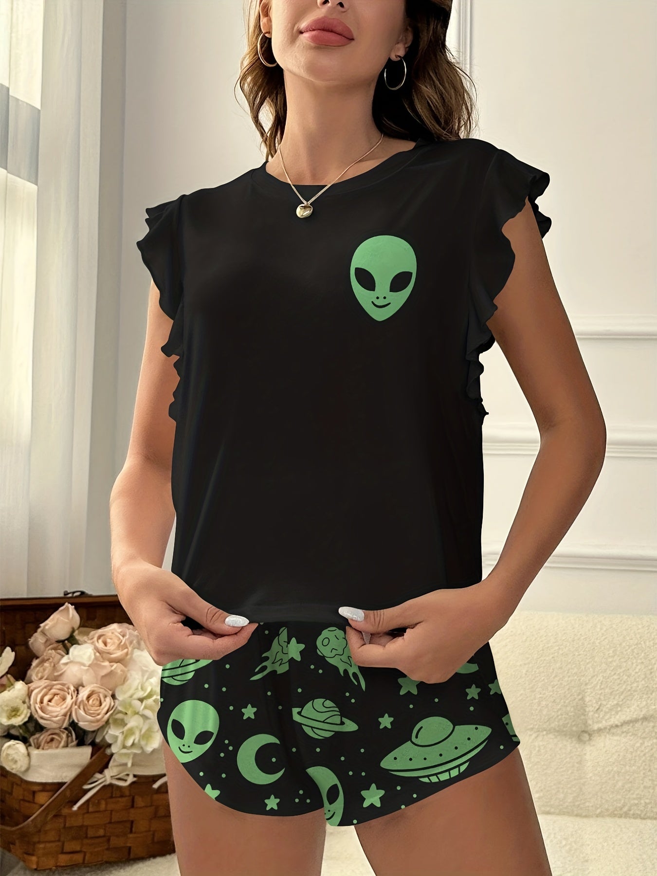 Alien Print Pajamas Set Flutter Sleeve Crew Neck Top & Shorts