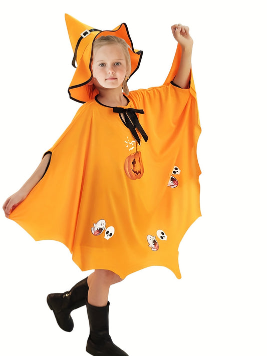 Girl's Halloween Dress Up Cloak Ghost Pumpkin Print Hooded Cape Witch Costume