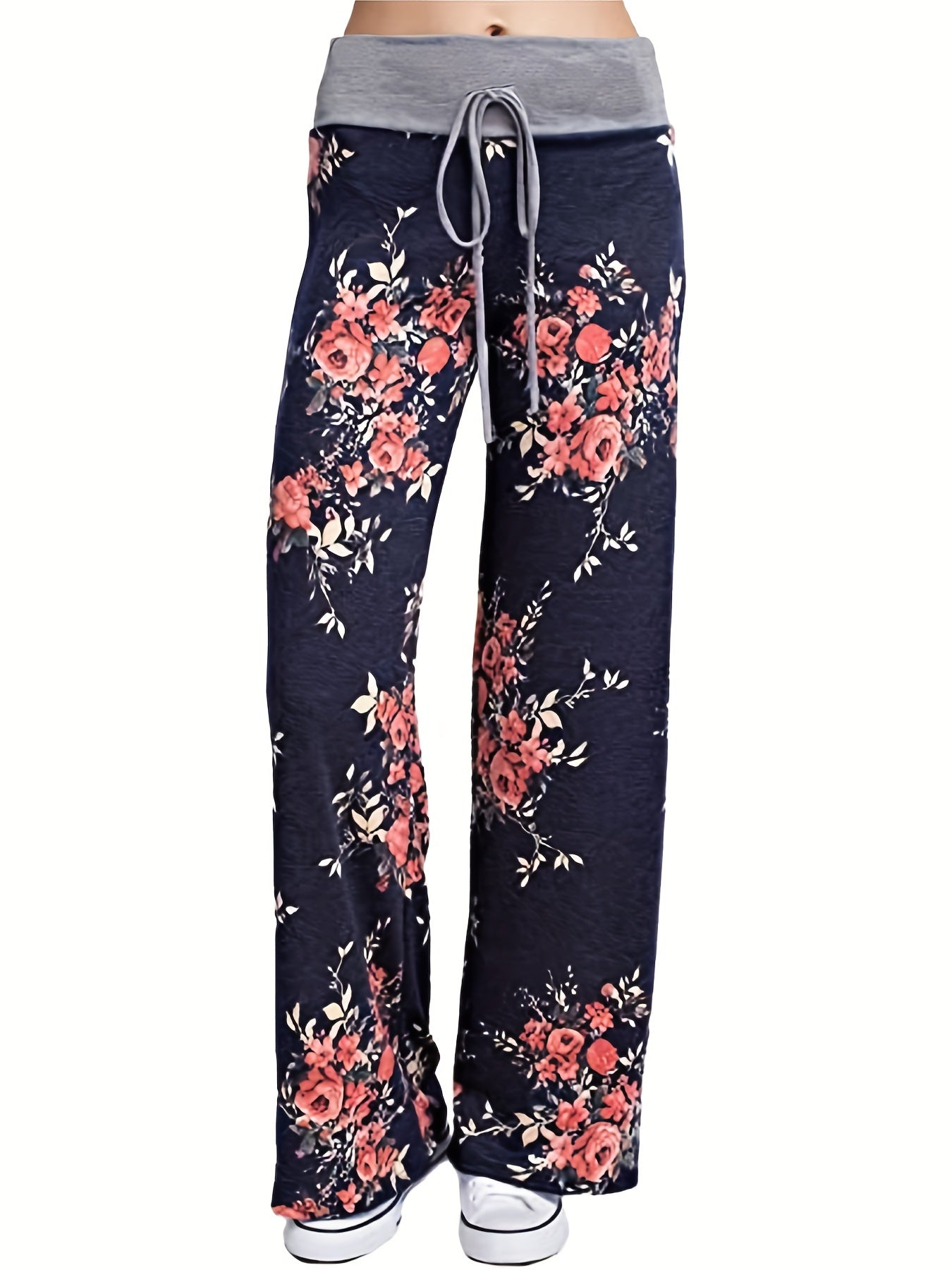  Floral Print High Rise Drawstring Loose Fit Pants