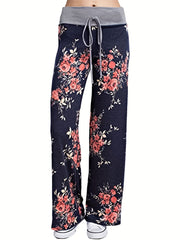  Floral Print High Rise Drawstring Loose Fit Pants