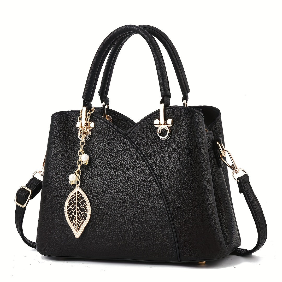 Textured Solid Handbag with Detachable Leaf Pendant