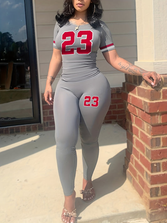 Casual Letter Print 2pc Set Crew Neck Short Sleeve T shirt & Skinny Pants