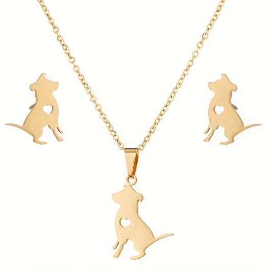 Stainless Steel Origami Cat Necklace and Earrings Set - Animal Pet Jewelry