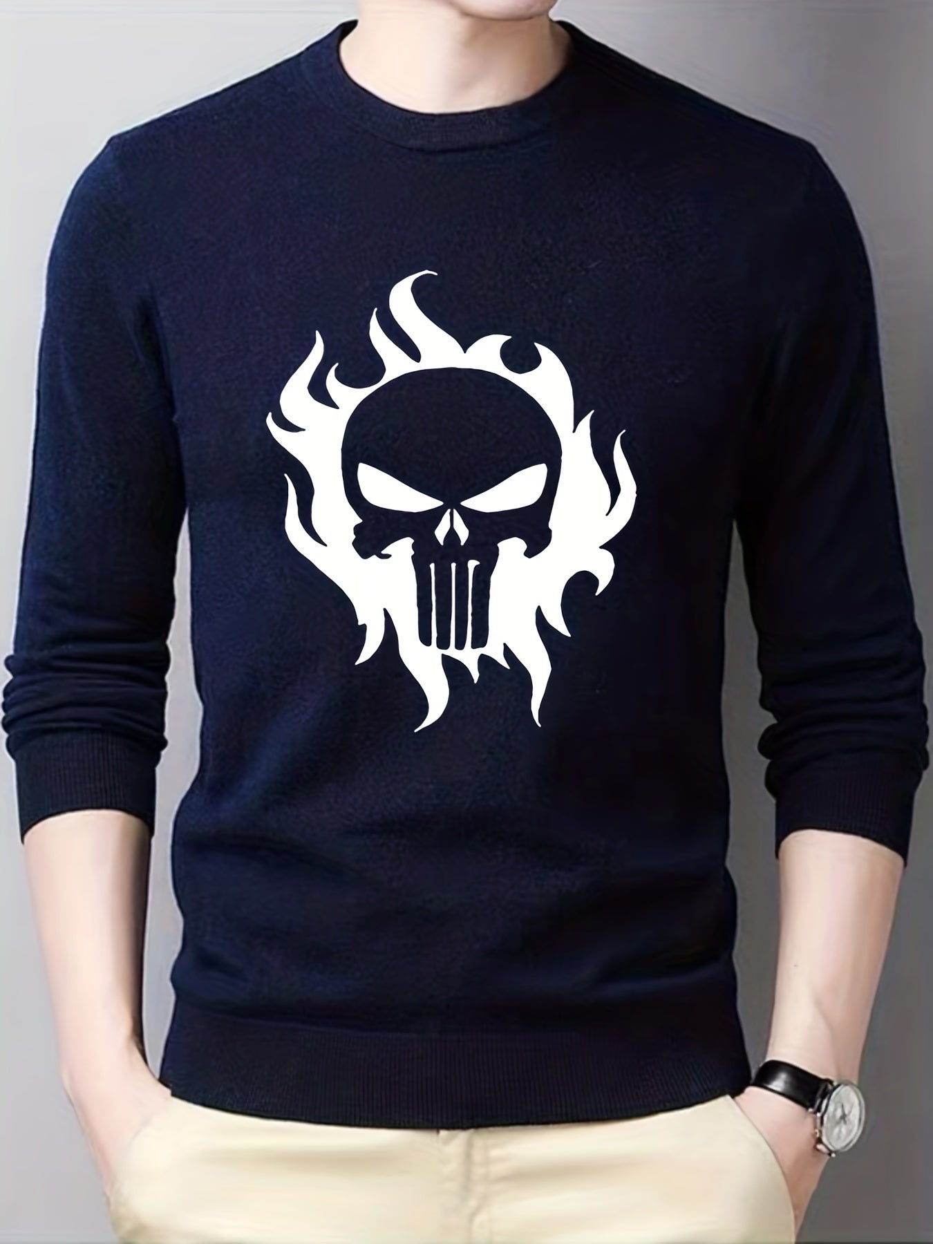 Skull In Fire Knitted Sweater Men's Warm Pullover For Fall Winter