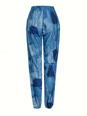  Colorblock Denim Print High Rise Jogger Trousers